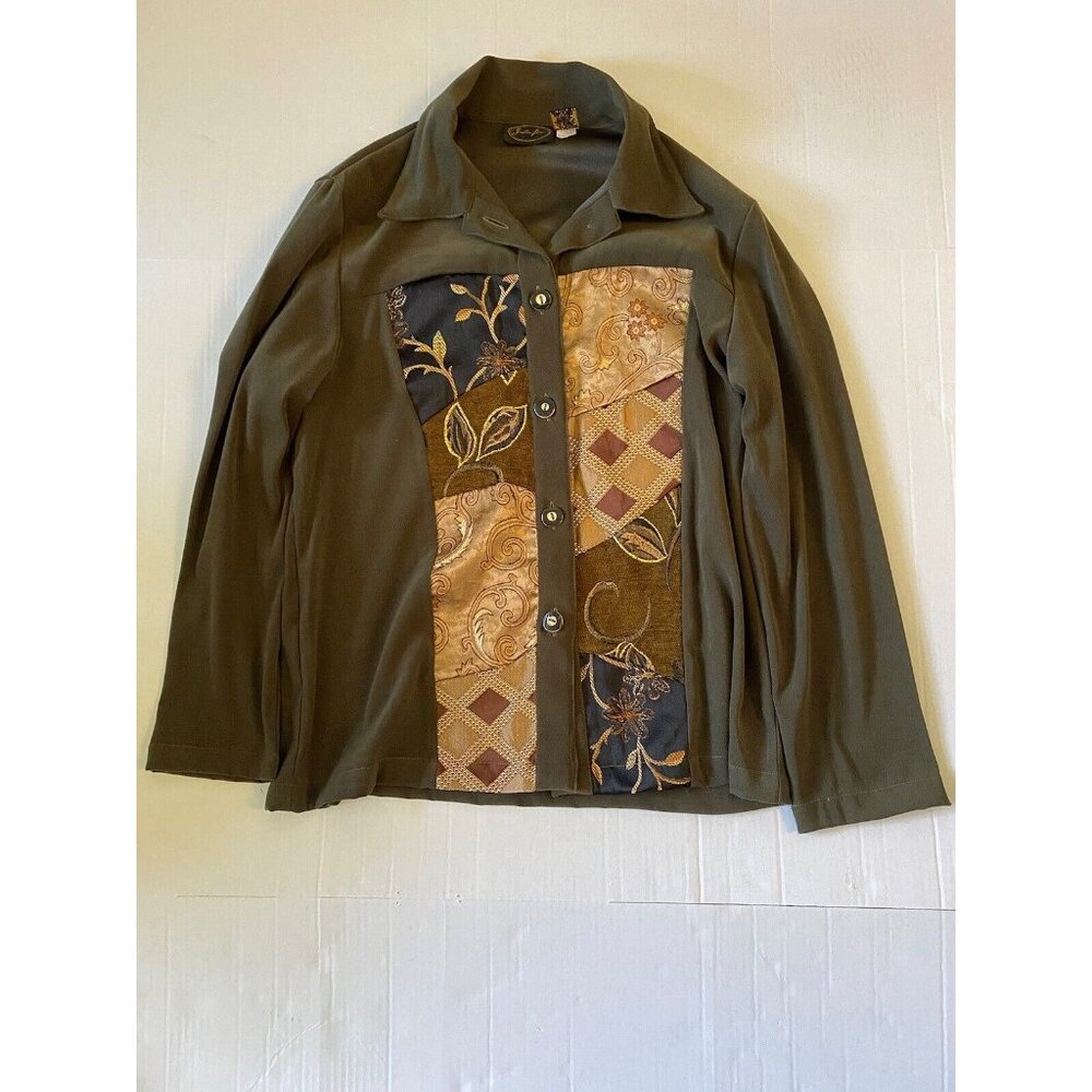 Julia‎ Kim - ladies brown green ls poly rayon spndx jacket blazer embroid Size S